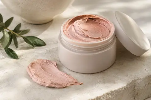 Masque visage à l’argile rose en crème posé sur une pierre claire près d’un élément de céramique mate.