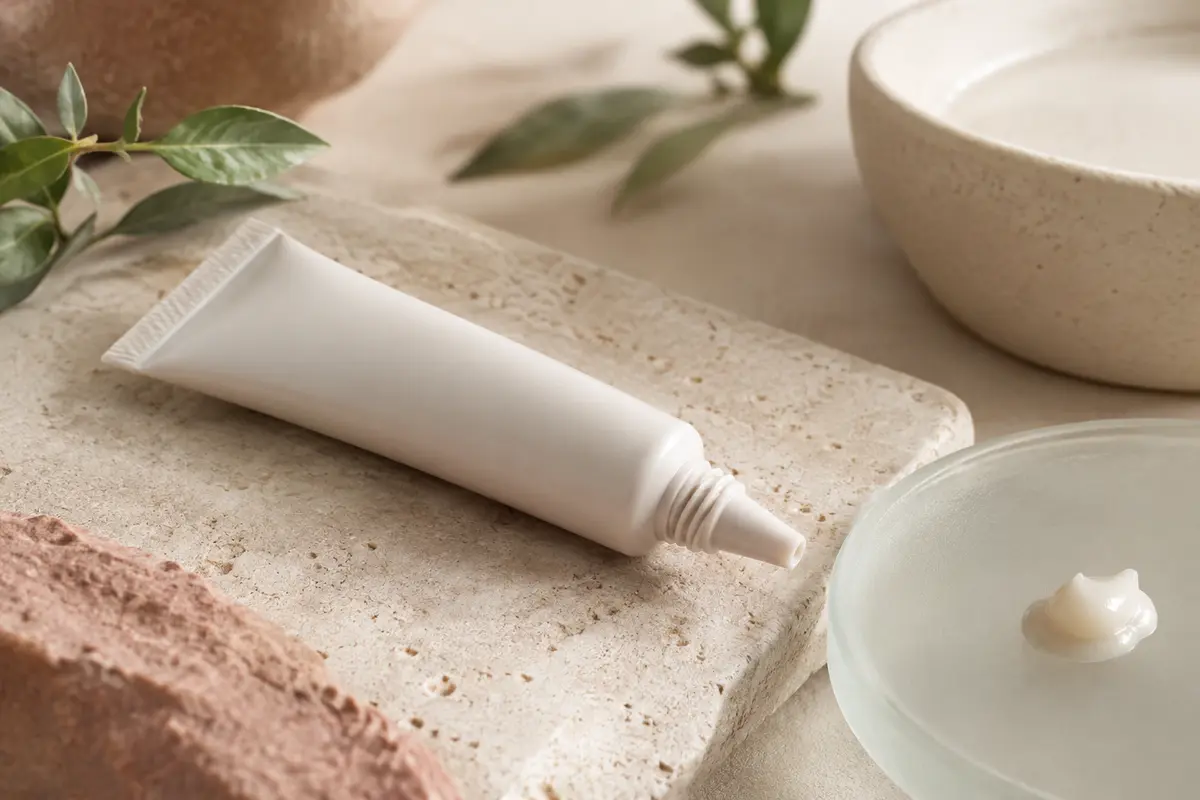 Crème contour des yeux en tube posée sur une pierre claire près d’une touche de crème.