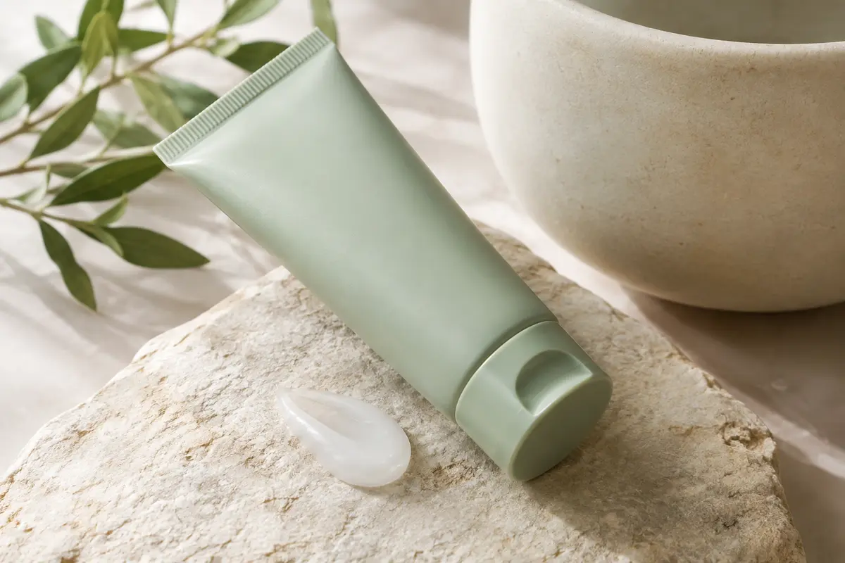 Tube de gel-crème hydratant posé sur une pierre claire, avec une touche de texture à proximité.