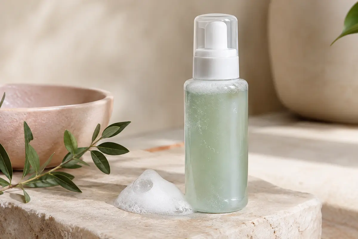 Flacon de gel nettoyant moussant CeraVe posé sur une pierre claire avec une touche de mousse.