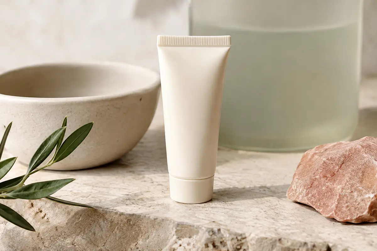 Lait solaire visage et corps SPF 50+ en petit format, posé sur une pierre claire dans une lumière douce.