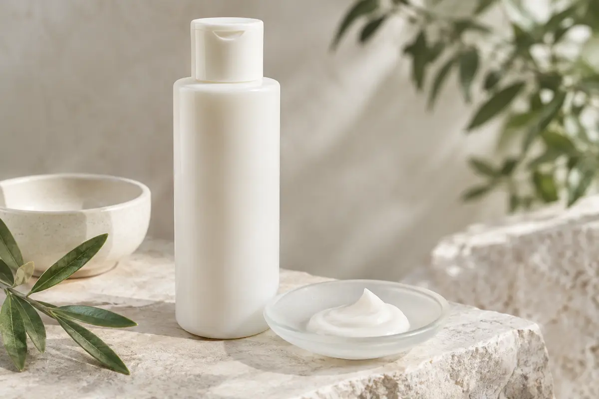 Flacon blanc de nettoyant hydratant en lotion posé sur une pierre claire près d’une noisette de produit crémeux.