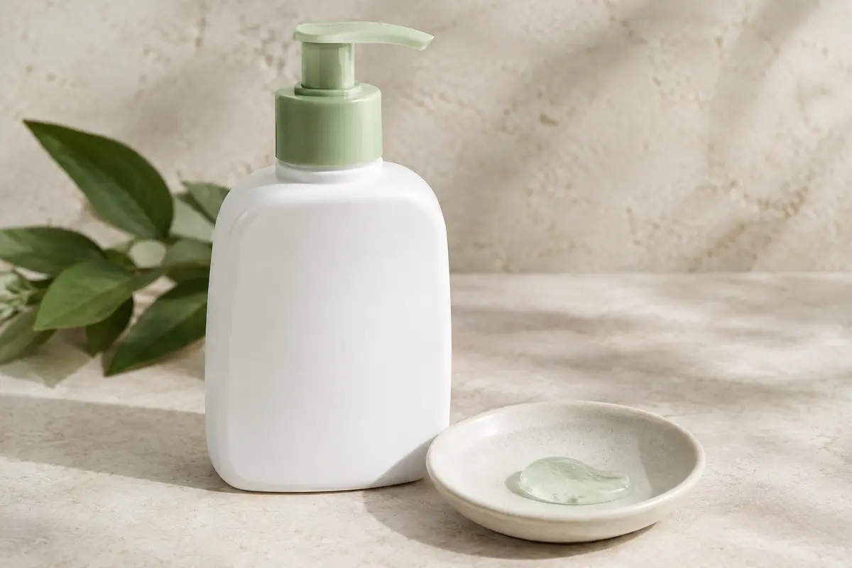 Gel nettoyant visage blanc Cetaphil posé sur une surface de pierre claire avec une noisette de gel.