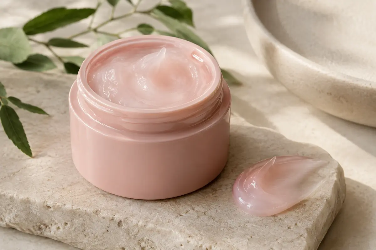 Gel-crème hydratant visage dans un contenant rose, posé sur une pierre claire près d’une touche de texture.
