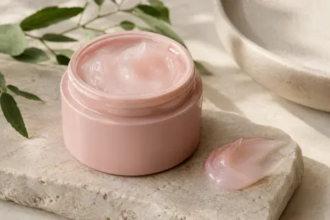 Gel-crème hydratant visage dans un contenant rose, posé sur une pierre claire près d’une touche de texture.