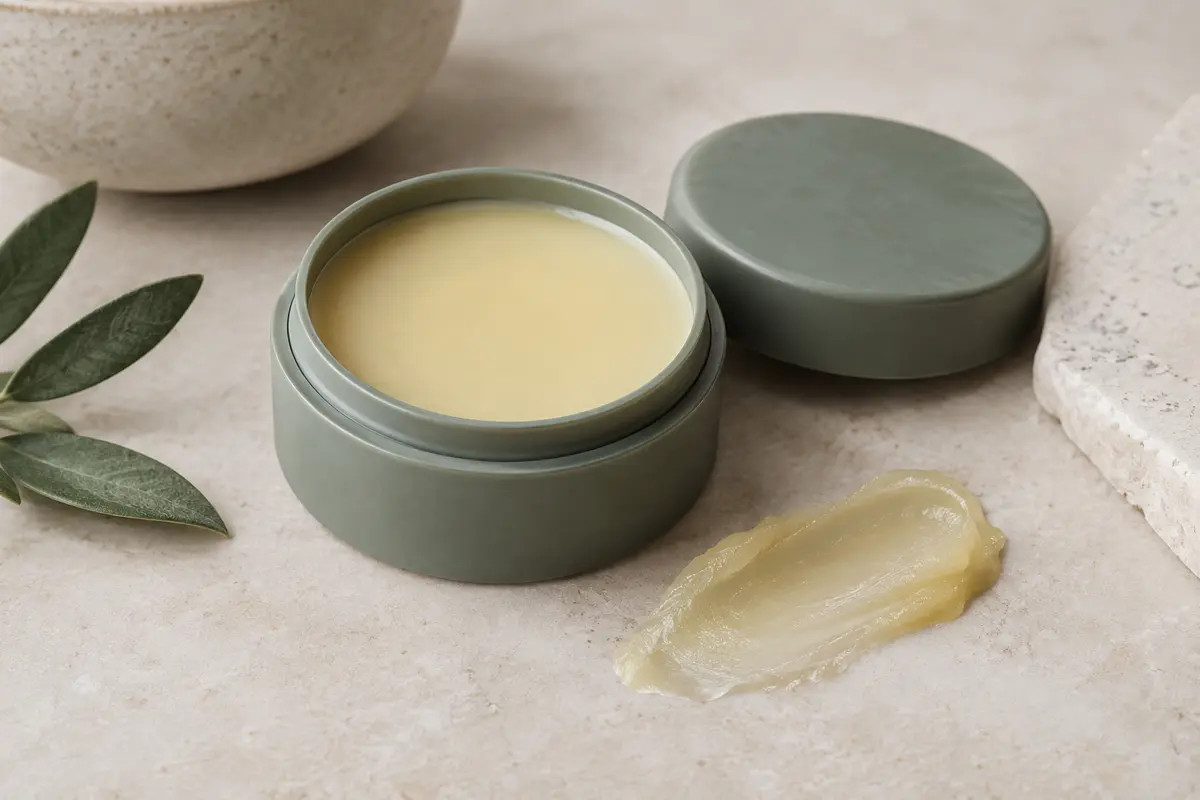 Baume démaquillant Clinique à la texture fondante, posé sur une surface claire près d’une trace huileuse