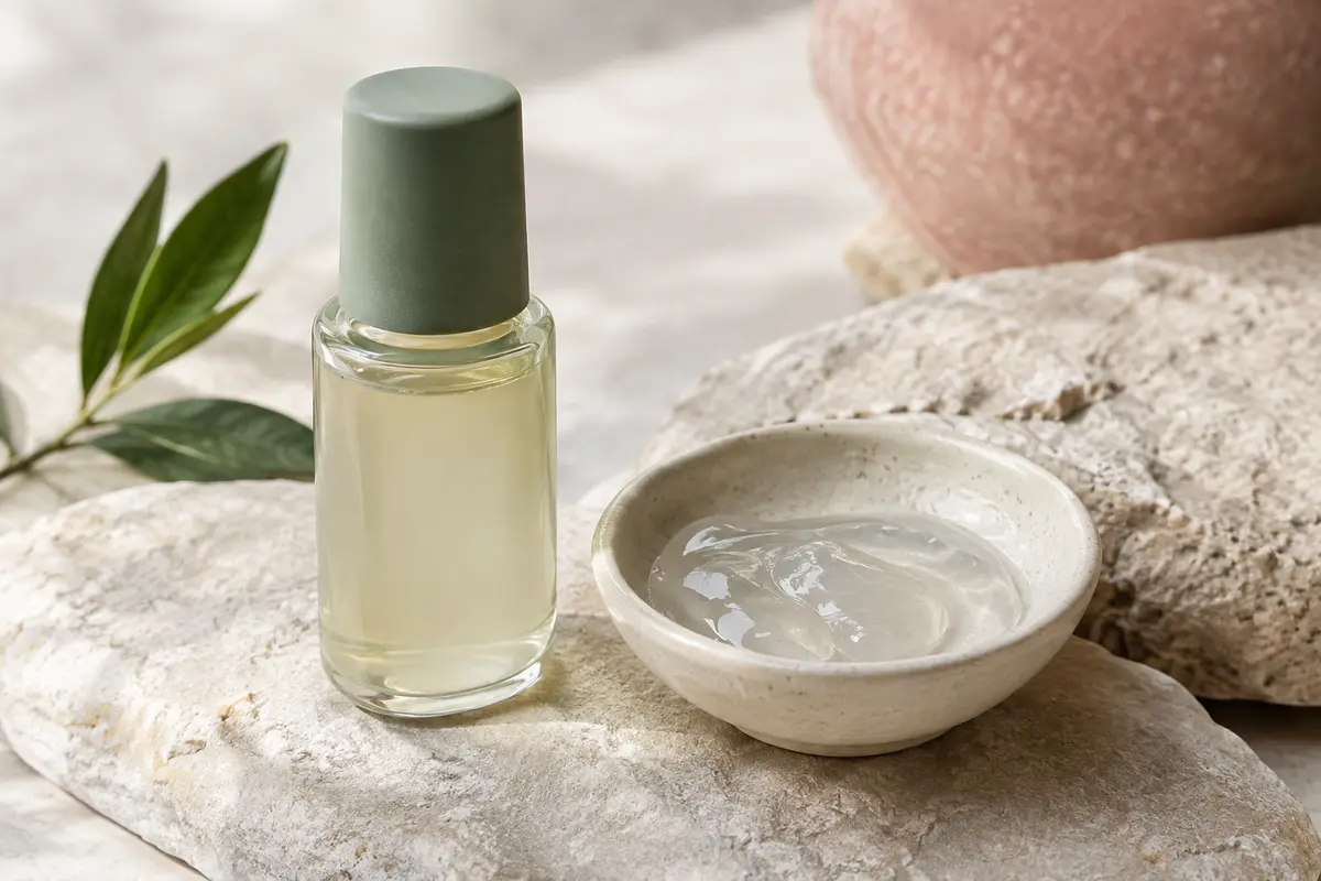 Peeling visage BHA en petit contenant posé sur une pierre claire, avec une touche de gel translucide.