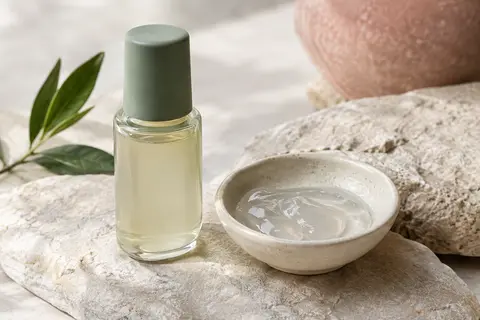 Peeling visage BHA en petit contenant posé sur une pierre claire, avec une touche de gel translucide.