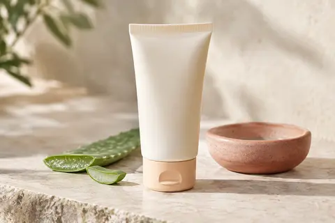 Contenant de lotion solaire visage posé sur une pierre claire, près d’une feuille d’aloe.