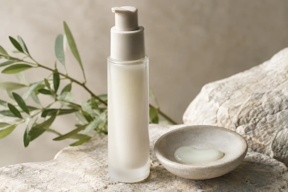 Lotion hydratante en flacon-pompe posée sur une pierre claire, avec une texture fluide à proximité.