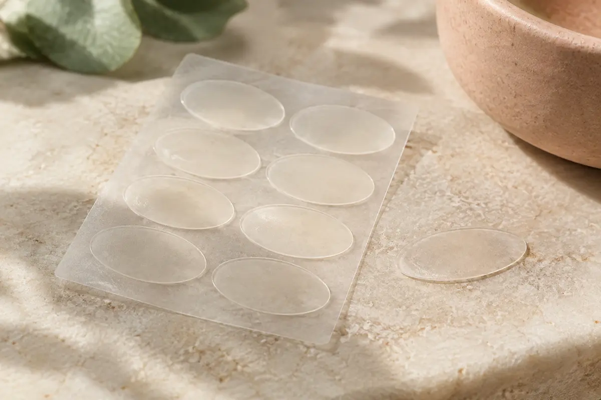 Patchs hydrocolloïdes ovales transparents présentés sur un support clair avec un patch isolé