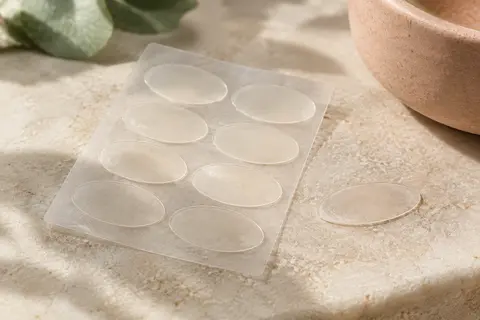 Patchs hydrocolloïdes ovales transparents présentés sur un support clair avec un patch isolé
