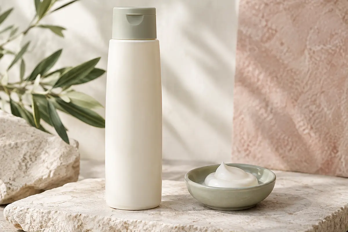 Flacon de lait démaquillant posé sur une pierre claire, avec une noisette de lait sur une coupelle.