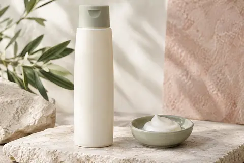 Flacon de lait démaquillant posé sur une pierre claire, avec une noisette de lait sur une coupelle.