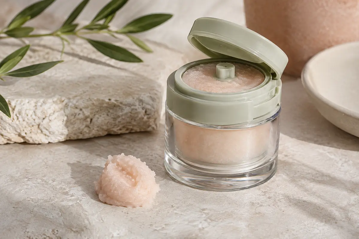 Baume démaquillant compact à texture sorbet posé sur une pierre claire, avec une petite noisette de produit.