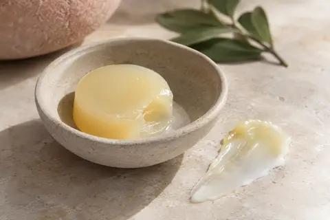 Baume démaquillant translucide présenté en textures solide et fondue sur une coupelle de céramique