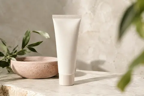 Tube de soin visage anti-imperfections posé sur une pierre claire dans une lumière douce