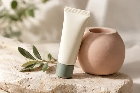 Petit tube de soin localisé posé sur une pierre claire dans une lumière naturelle douce.