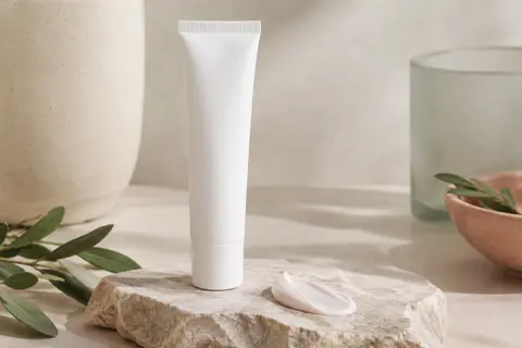 Tube blanc de soin visage posé sur une pierre claire, accompagné d’une petite touche de crème.