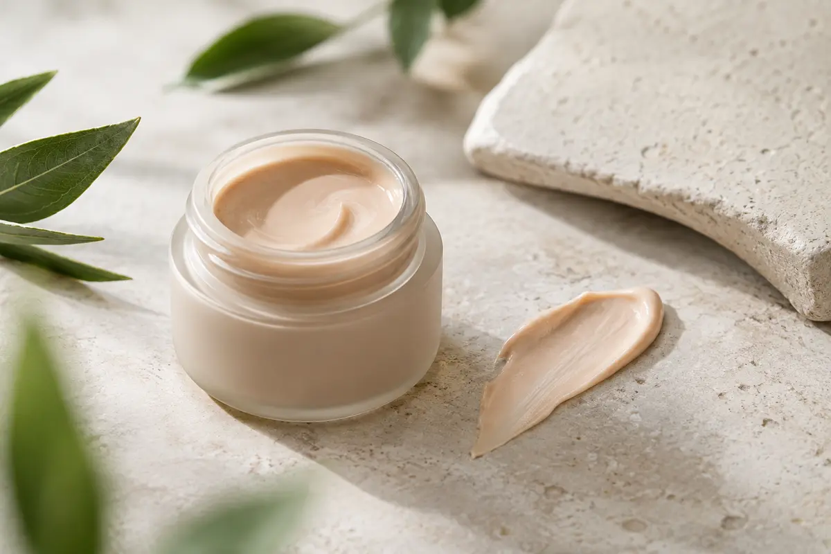 Crème contour des yeux teintée posée sur une pierre claire, avec une touche de texture beige et des feuilles discrètes.