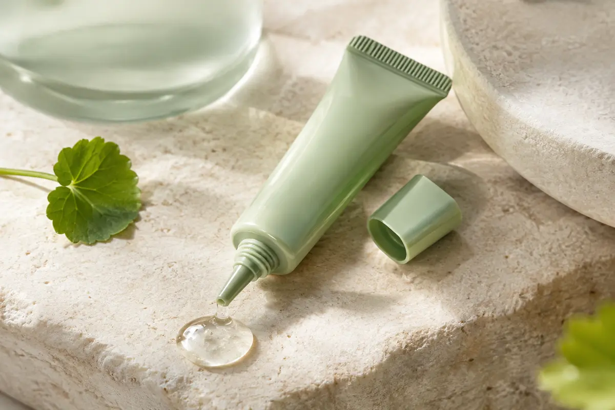 Gel transparent Centella SOS Patch dans un petit contenant aux accents verts, posé sur une pierre claire.