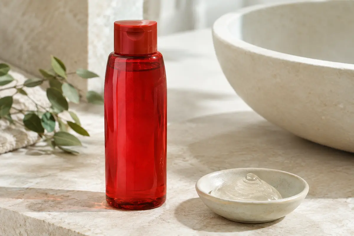 Gel nettoyant au conditionnement rouge posé sur une pierre claire, avec une touche de gel translucide