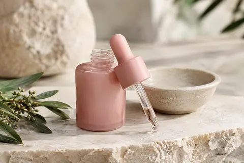 Sérum visage rose présenté sur une pierre claire près d’une coupelle en céramique mate
