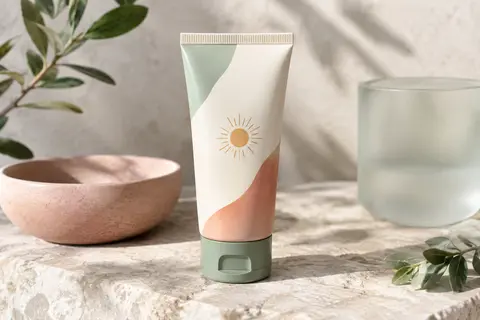 Tube compact de gel-crème solaire visage posé sur une pierre claire près d’un verre dépoli.