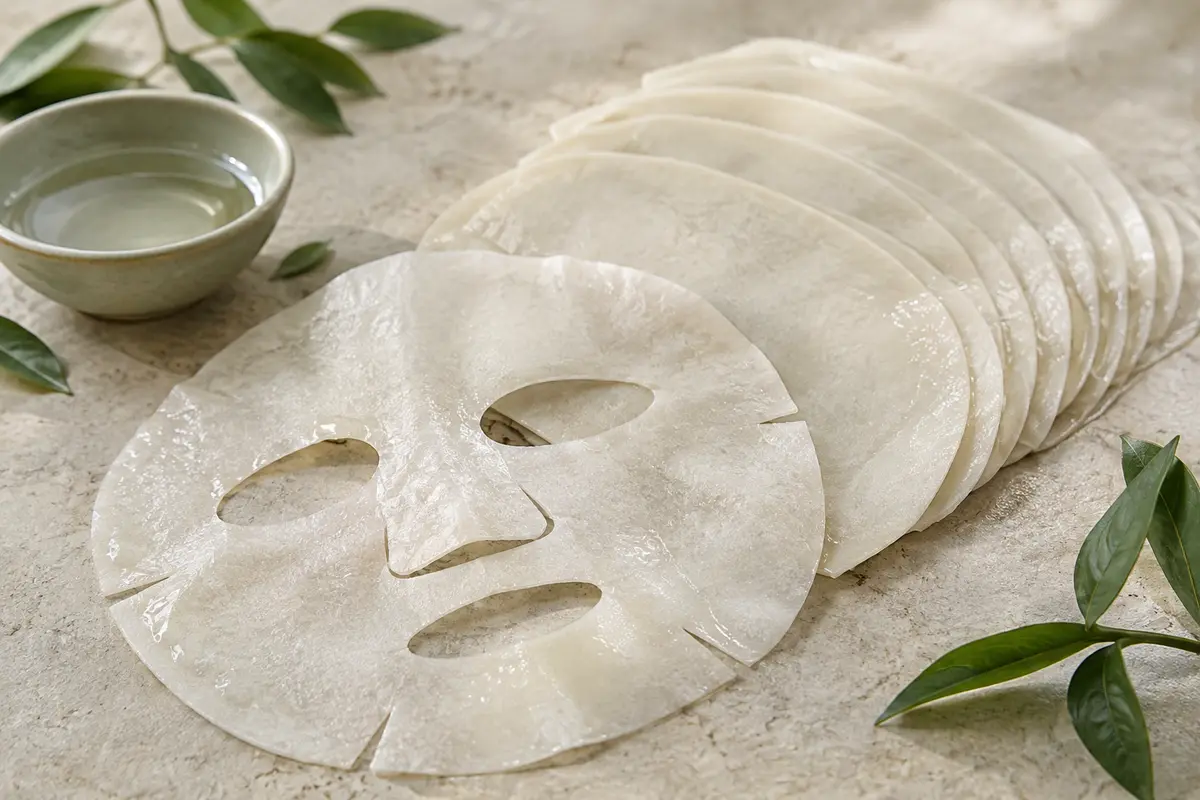 Masques visage en feuille Eunyul Purity disposés sur une pierre claire avec une coupelle mate.
