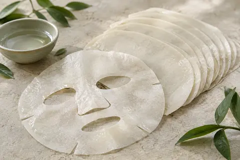 Masques visage en feuille Eunyul Purity disposés sur une pierre claire avec une coupelle mate.