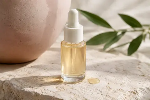 Sérum solaire visage en format compact posé sur une pierre claire dans une lumière douce.