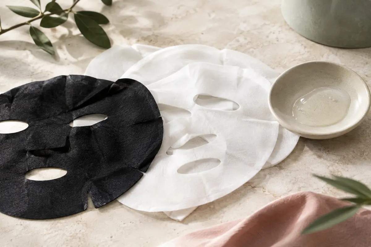 Assortiment de masques visage en tissu blancs et d’un masque noir posé sur une pierre claire