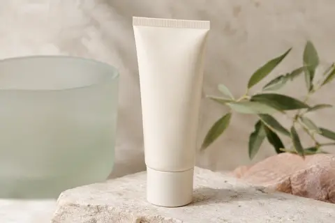 Fluide solaire visage SPF 50+ présenté sur une pierre claire, dans un décor lumineux et épuré.
