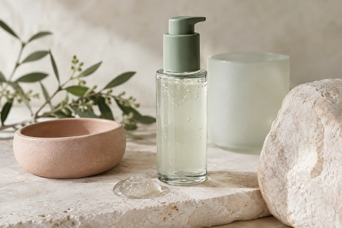Flacon de gel nettoyant visage posé sur une pierre claire près d’une noisette de gel