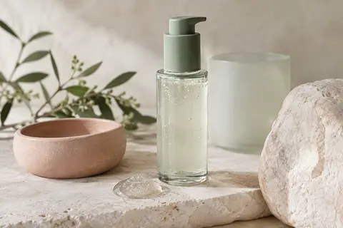 Flacon de gel nettoyant visage posé sur une pierre claire près d’une noisette de gel