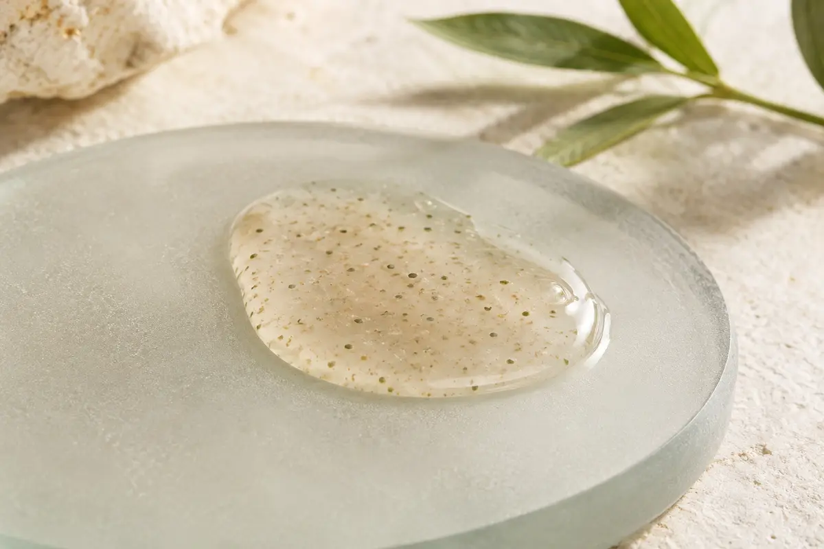 Texture fluide d’une lotion exfoliante visage déposée sur du verre dépoli dans un décor minéral clair.