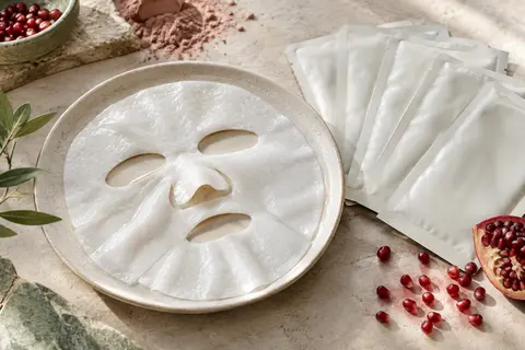 Masque tissu blanc et sachets de soin présentés sur une céramique claire avec quelques graines de grenade.
