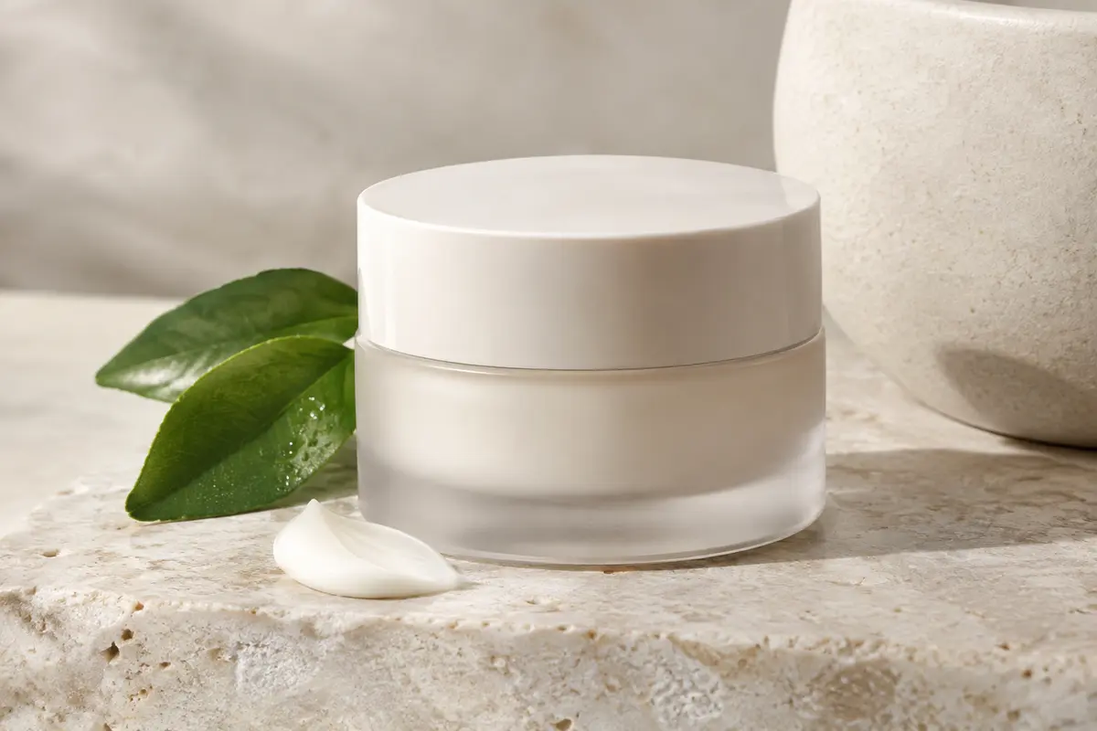 Sérum-crème visage posé sur une pierre claire, accompagné d’une touche de crème et d’un feuillage discret.