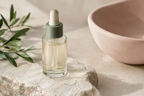 Flacon de sérum visage à pipette posé sur une pierre claire, avec une goutte de produit à proximité.