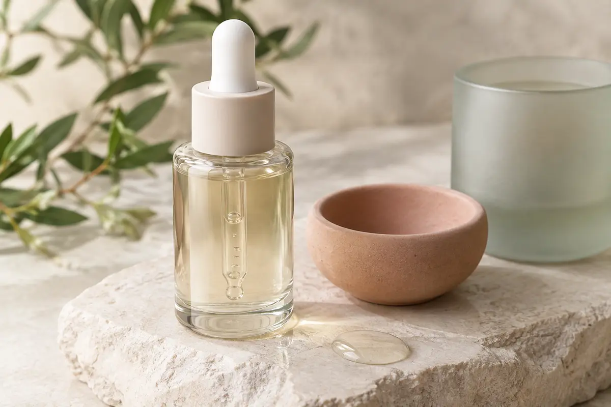 Flacon de sérum visage à pipette posé sur une pierre claire, près d’un verre dépoli et de feuilles discrètes.