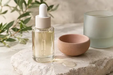 Flacon de sérum visage à pipette posé sur une pierre claire, près d’un verre dépoli et de feuilles discrètes.