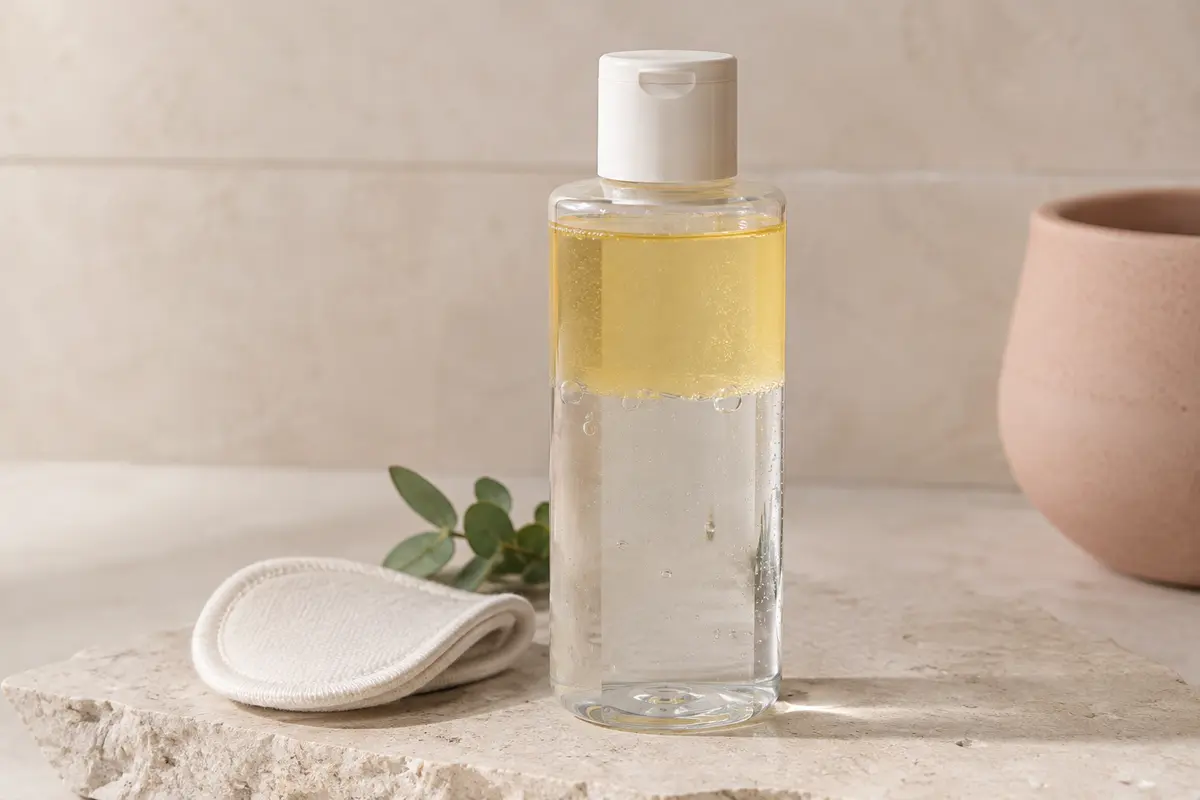 Bouteille transparente d’eau micellaire biphase posée sur une pierre claire avec un coton réutilisable