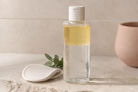 Bouteille transparente d’eau micellaire biphase posée sur une pierre claire avec un coton réutilisable