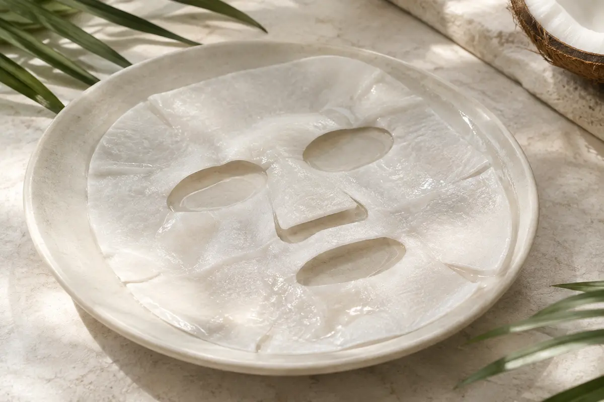 Masque visage en tissu imprégné de sérum posé sur une céramique claire, avec quelques feuilles de coco