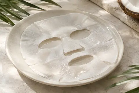 Masque visage en tissu imprégné de sérum posé sur une céramique claire, avec quelques feuilles de coco