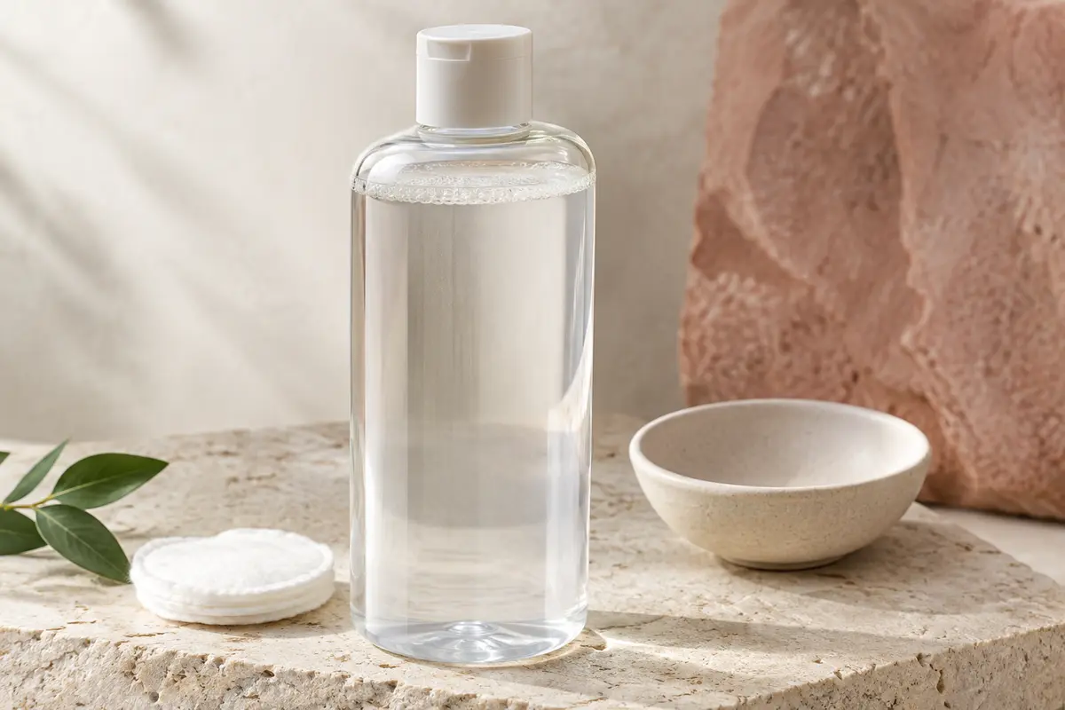 Grand flacon de lotion micellaire posé sur une pierre claire près d’un coton et d’une coupelle