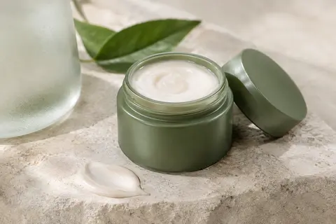 Crème contour des yeux verte à la texture lactée posée sur une pierre claire