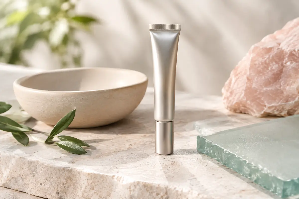 Petit contenant métallique de gel contour des yeux posé sur une pierre claire dans une lumière douce.