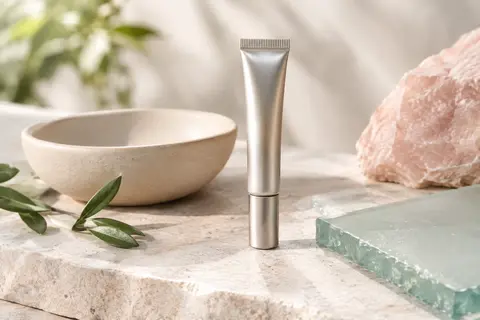Petit contenant métallique de gel contour des yeux posé sur une pierre claire dans une lumière douce.