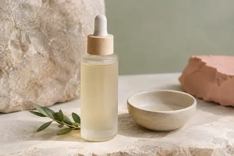 Sérum visage Krealis en lotion présenté sur une pierre claire avec une céramique mate et un végétal discret